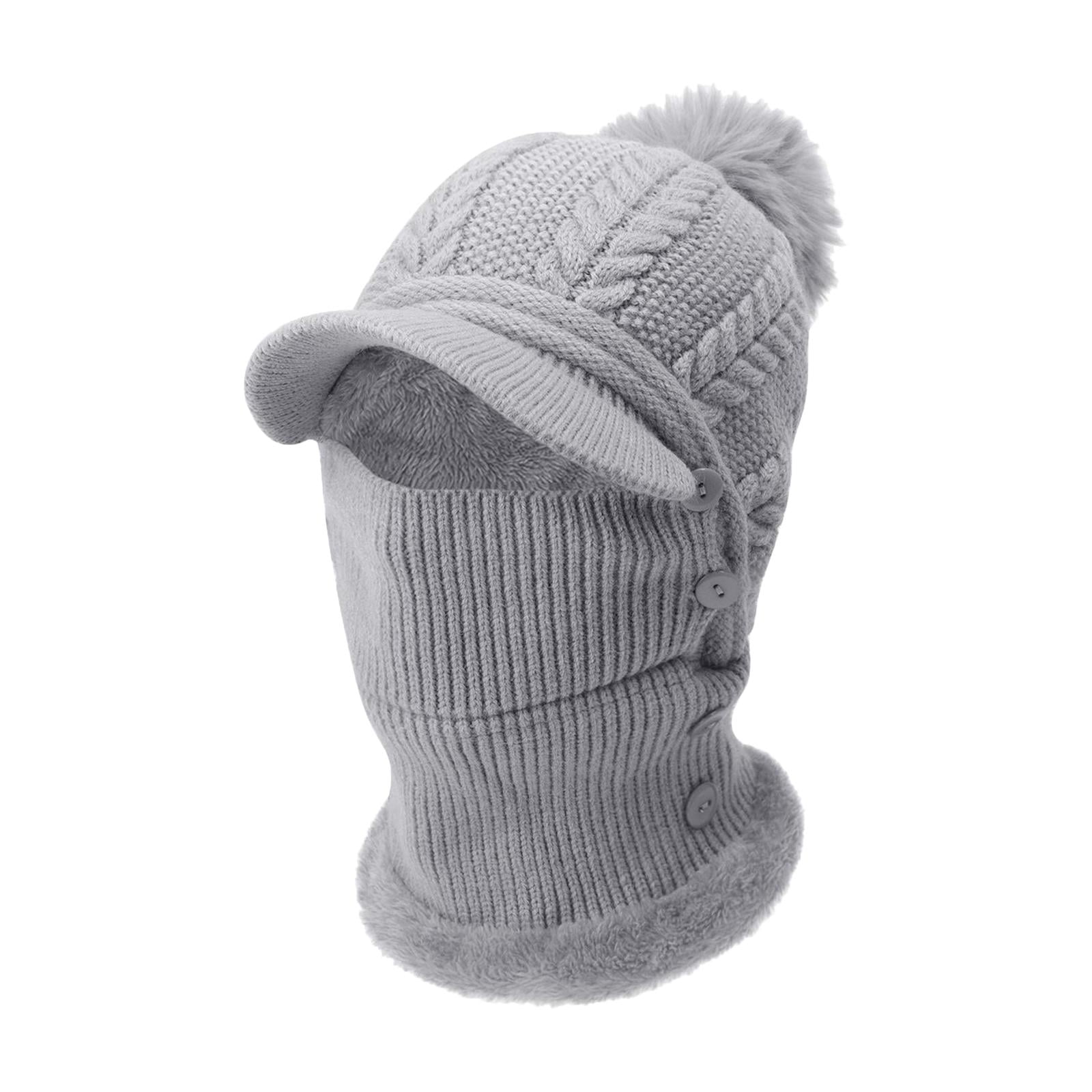 DimyFew Elastic Knitted Beanie Hat Neck Gaiter Breathable Button Warmer Winter Ski Mask Gray