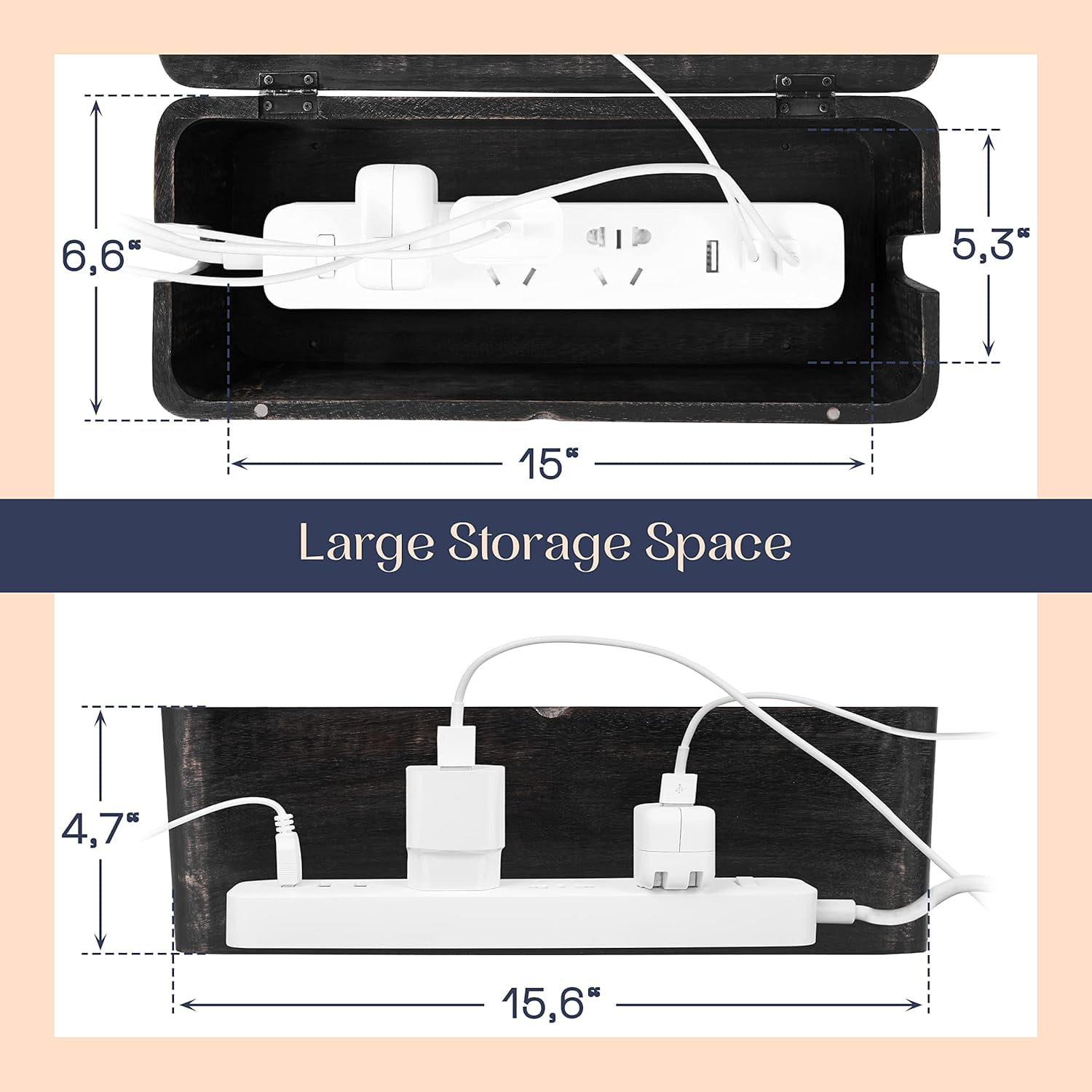 Luxe Designs | Large Cable Management Box – Rustic Black Wooden Cord Organizer for Home & Office - Power Strips & Surge Protector - Wire Storage for Desk & Floor