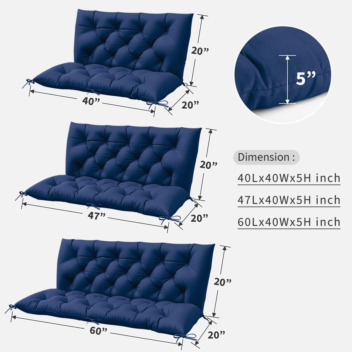 Pakunoda Porch Swing Cushions 60” X 40” X 5”, 2-3 Seater Bench Cushion with Backrest, Waterproof Replacement Outdoor Cushion with Tie, Blue
