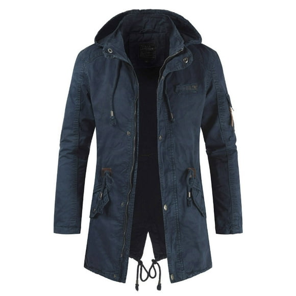 Babysbule Mens Winter Coats Clearance Men Mid-length Solid Slim-fit Zipper Cardigan Hooded Washed Jacket Coats