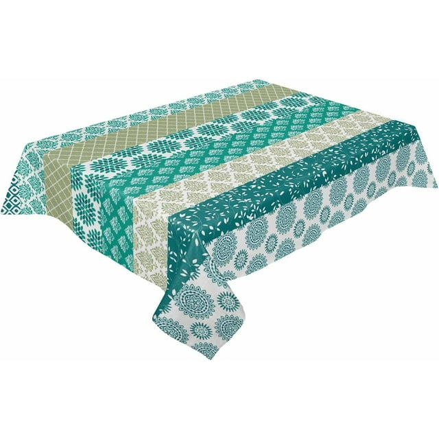 Boho Bohemian Stripes Floral Tablecloth Rectangle Round Table Cloth 60x84 Inch, Teal Green Aqua Indoor or Outdoor Tablecloth, Waterproof Polyester Table Cover for Party Holiday Picnic Decoration