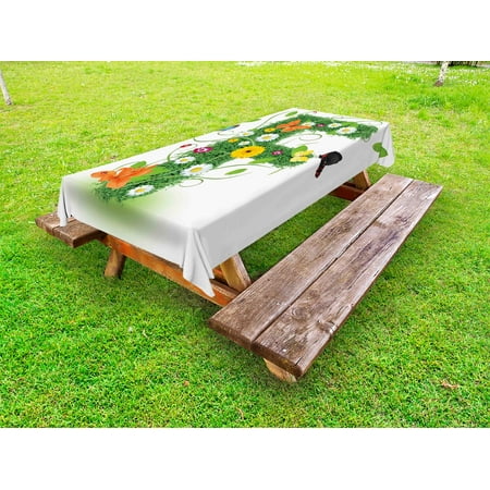 

Letter F Outdoor Tablecloth Natural Inspirations with Animals and Flowers Butterflies Daisies Pattern Decorative Washable Fabric Picnic Table Cloth 58 X 84 Inches Green Multicolor by Ambesonne