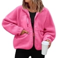 thumbnail image 5 of Womens Fleece Jacket Fuzzy Long Sleeve Short Winter Coats Button Down Jacket Outerwear with Pockets Rose Red L, 5 of 6