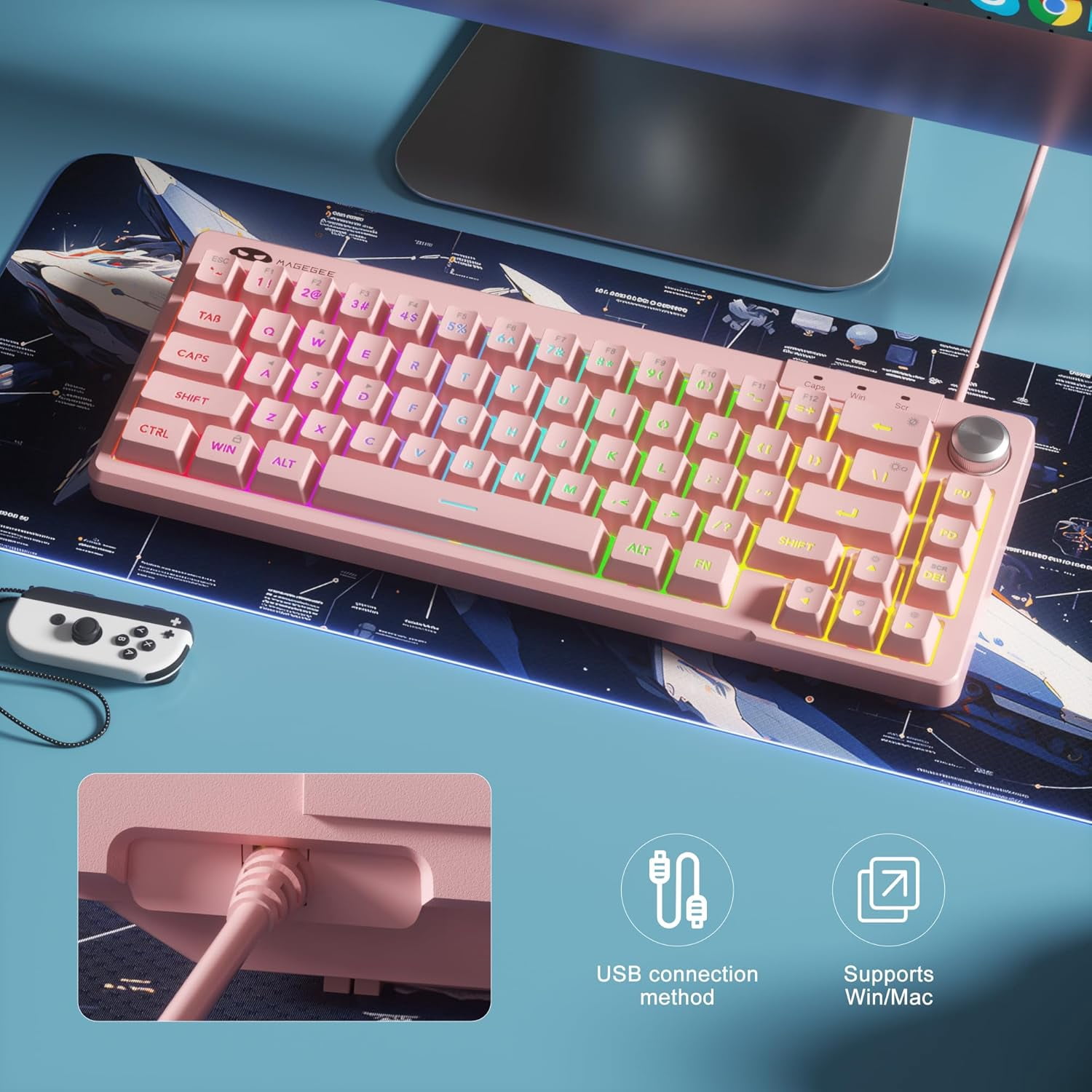 MageGee 60% Gaming Keyboard - TS68 Compact Mechanical-Style Tactile Feel, RGB Backlit with Smart Knob, 68 Keys Ergonomic Design, 18-Key Anti-Ghosting