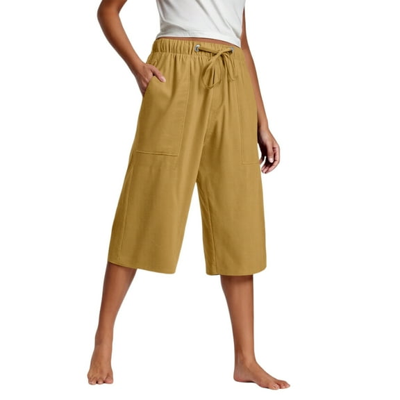 Plebaso Summer Womens Casual Capri Pants Drawstring Wide Leg Cropped Pants Solid Color Loose Capris