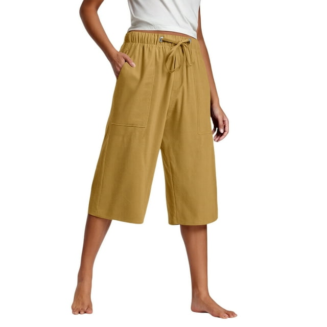 Kaemgyyd Womens Plus Size Capris Lounge Drawstring Cotton Linen Bermuda Shorts Flowy Wide Leg Beach Vaction Cropped Trousers