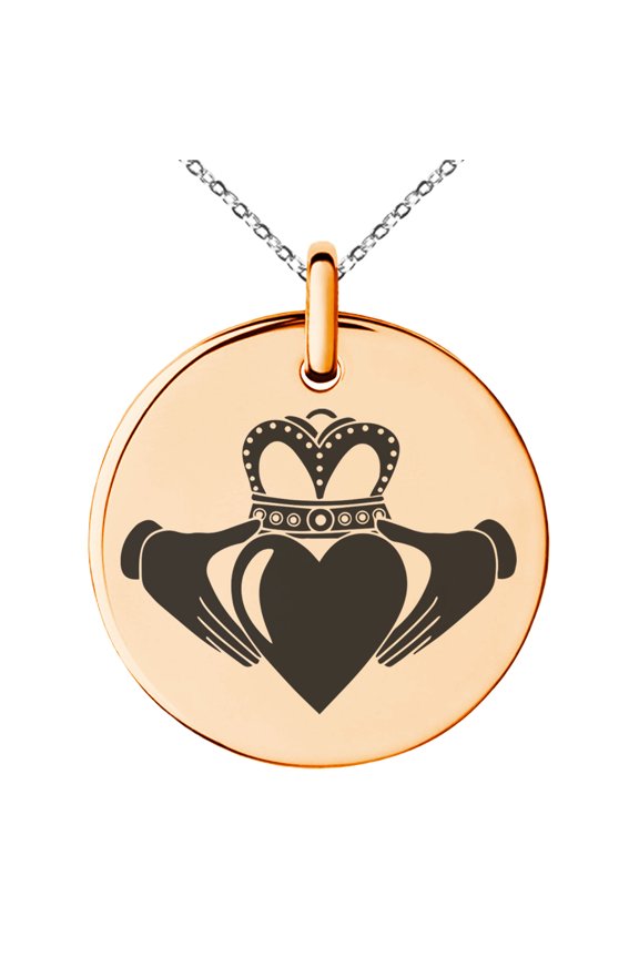 Stainless Steel Celtic Claddagh Unity Engraved Small Medallion Circle Charm Pendant Necklace