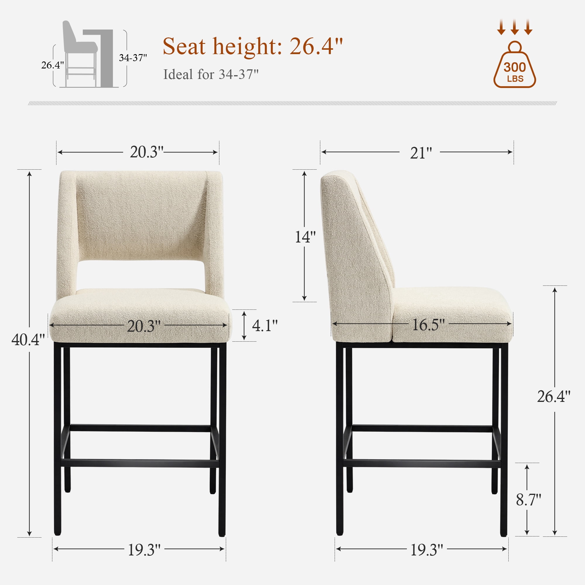 Zesthouse 26.4" Modern Counter Stools Set of 2, Linen Fabric Bar Stools with Back and Metal Legs, Extra Thick Upholstered Counter Height Chairs for Kitchen Island, Beige