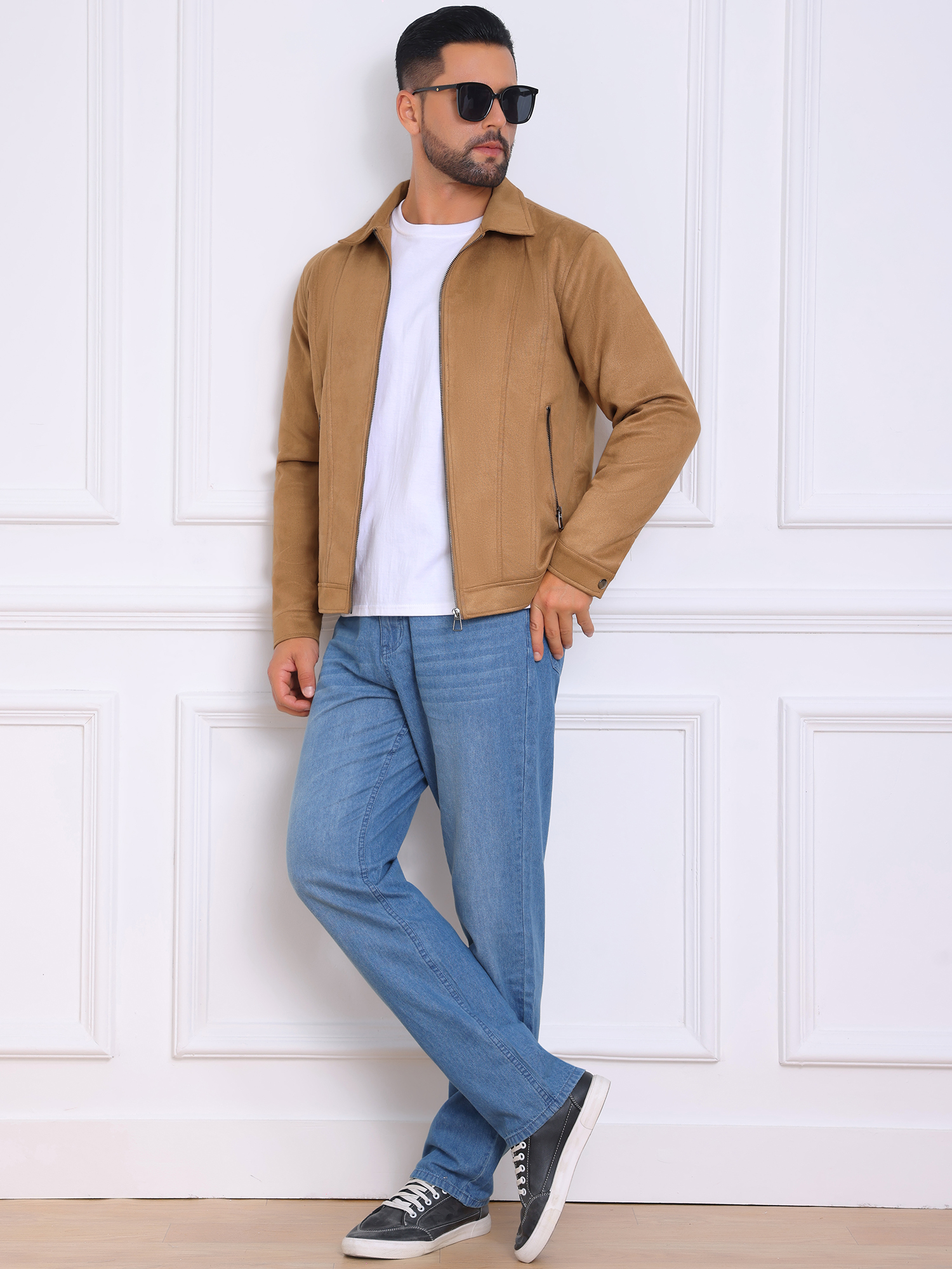 DARING DIVA Men's Collared Zipper Outdoor Wear Vintage Suede Jacket S Khaki