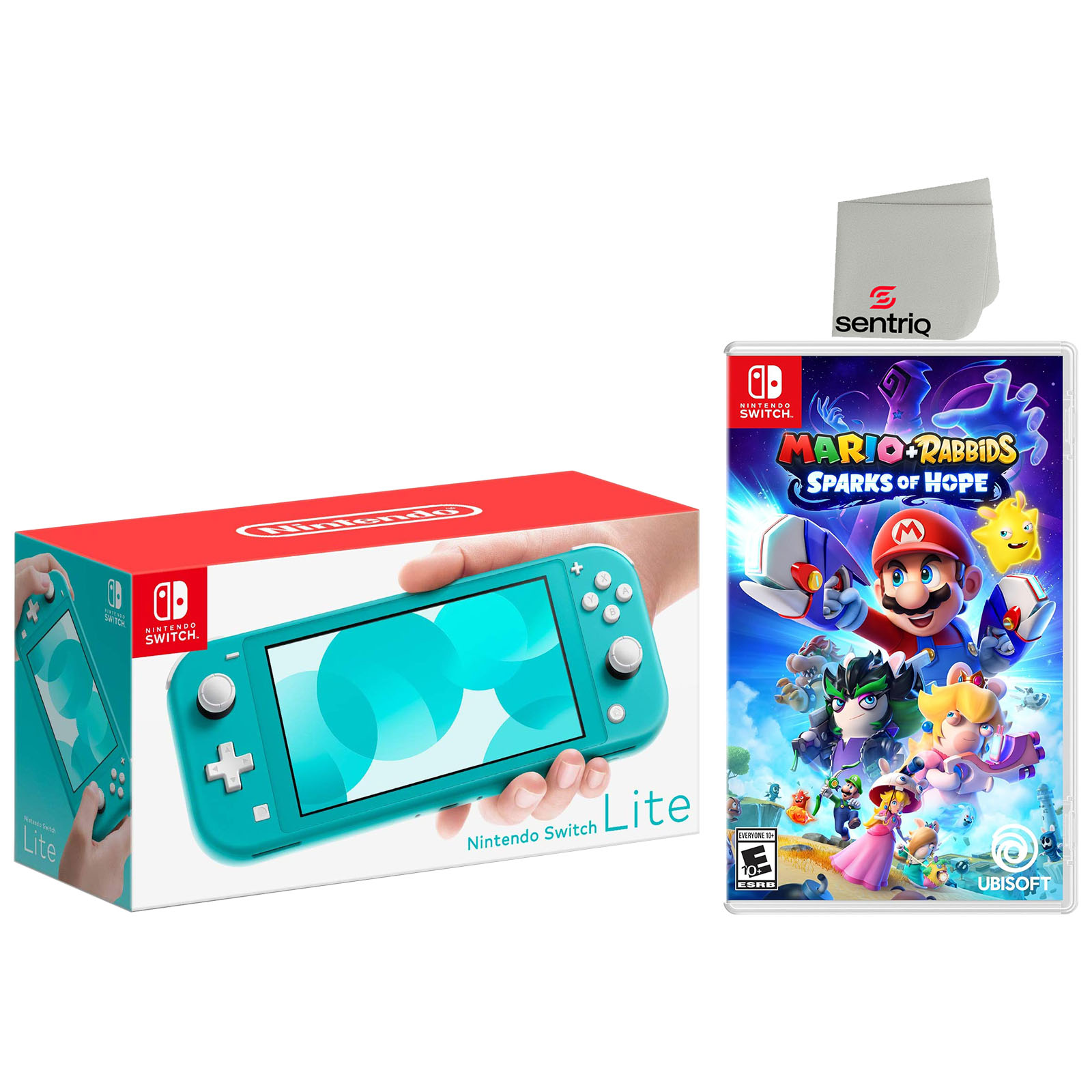 Nintendo Switch Lite 32GB Turquoise Edition and Mario + Rabbids Sparks of Hope Bundle - Japan Import with US Plug with Screen Cleaning Cloth