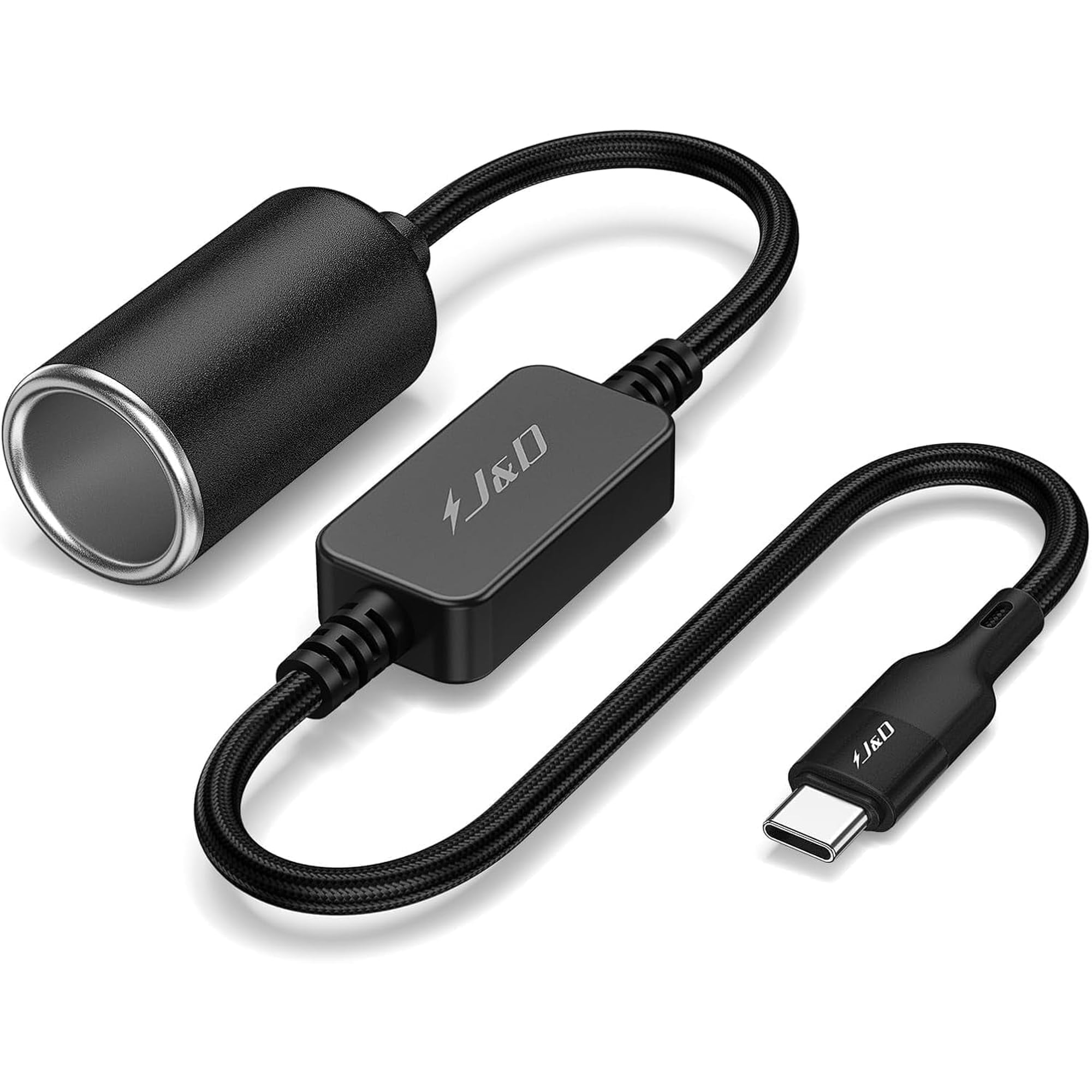 J&D USB-C To 12V Car Cigarette Lighter Converter, 18W Power Cable for Dash Cam, GPS, Black, 1 ft