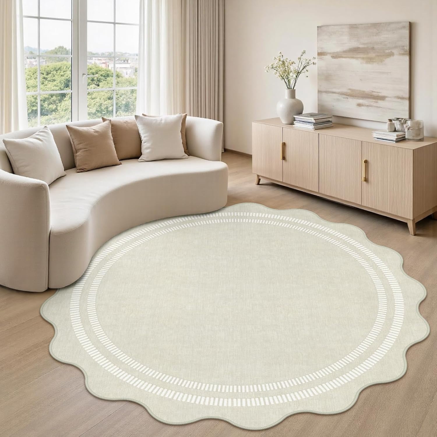 Area Rugs 5ft Living Room Washable Modern Rug, Neutral Beige Soft Non Slip Rugs Stain Resistant Indoor Carpet for Bedroom Dining Room Nursery Home Office
