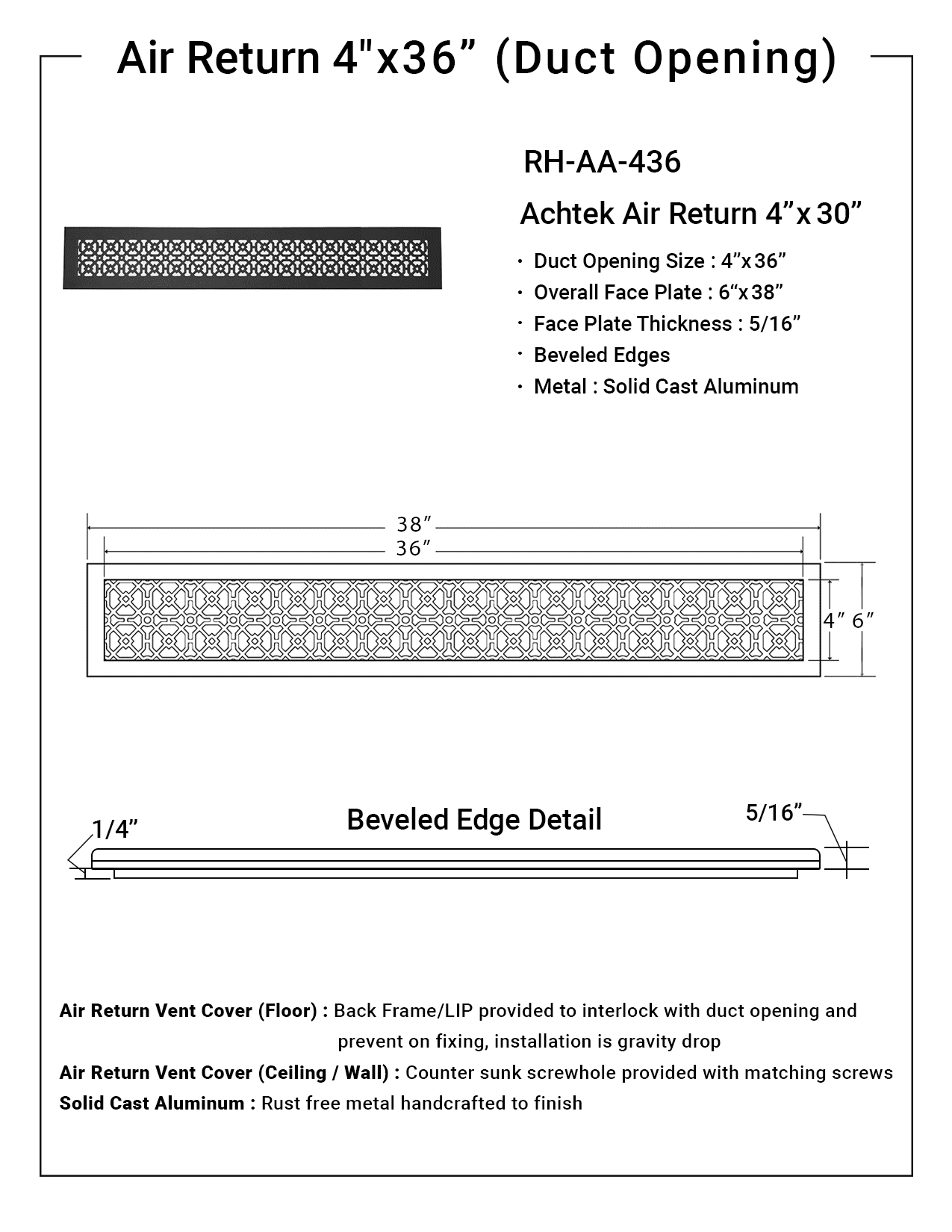 Achtek Air Return 4"x36" (Overall Size 4"x36") | Cast Aluminum Air Grille | HVAC Duct Cover for Home Ventilation
