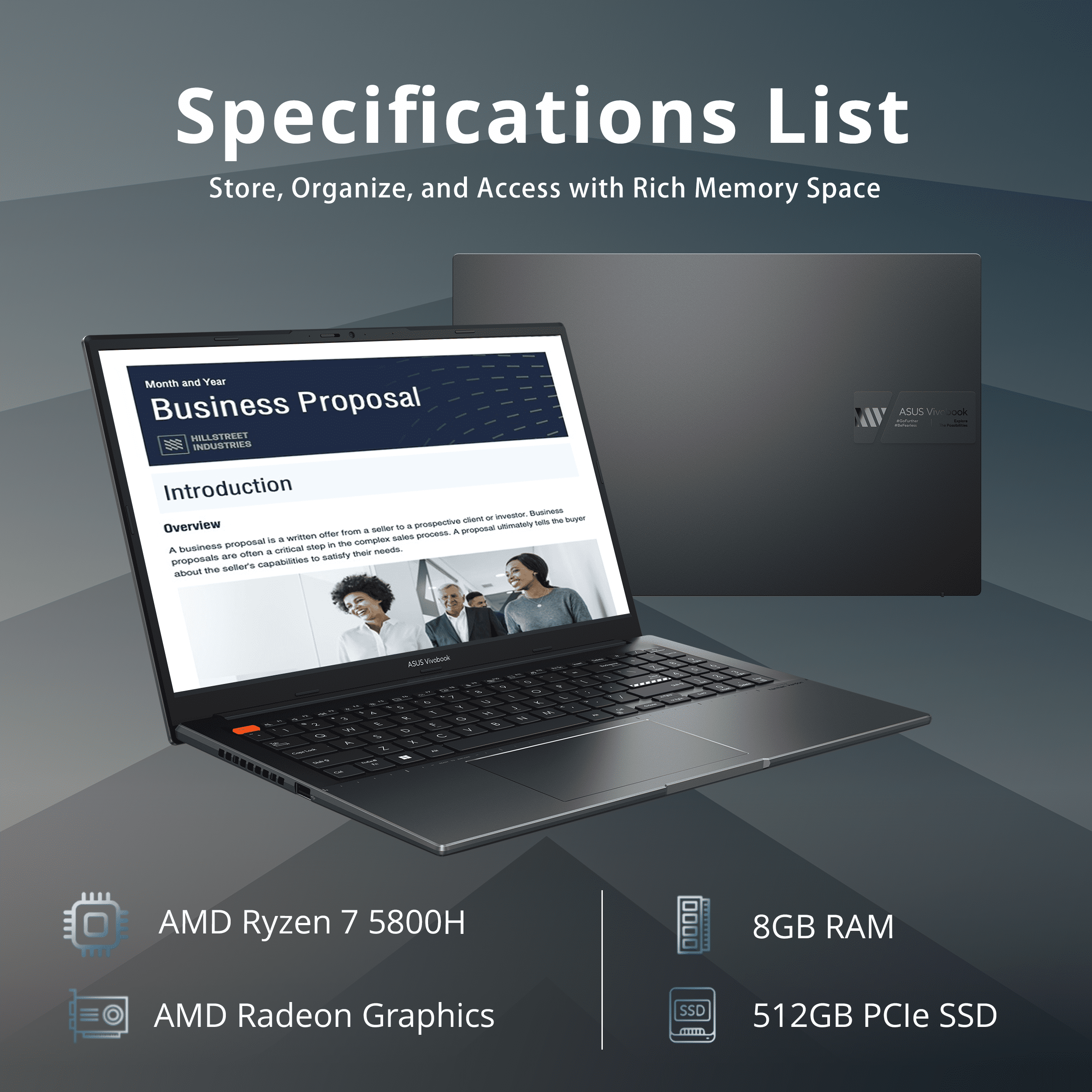 ASUS VivoBook S 15 Slim Laptop, 15.6" FHD Display, AMD Ryzen 7 5800H Processor, AMD Radeon Graphics, 8GB RAM, 512GB SSD, Windows 11 Home, Fingerprint Reader, Indie Black
