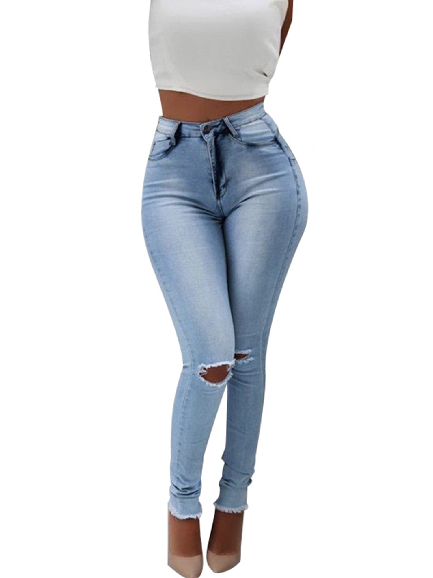 Women High Waisted Denim Jeans Stretchy Skinny Slim Ripped Pencil Trousers Pants 
