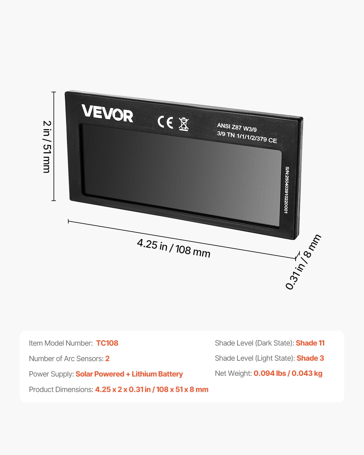 VEVOR Auto Darkening Welding Lens 4.25" x 2", Shade 11 True Color Welding Lens with Dual Arc Sensors & Gold Coating, Compatible with Most Welding Helmets for TIG, MIG, MMA, ARC Applications