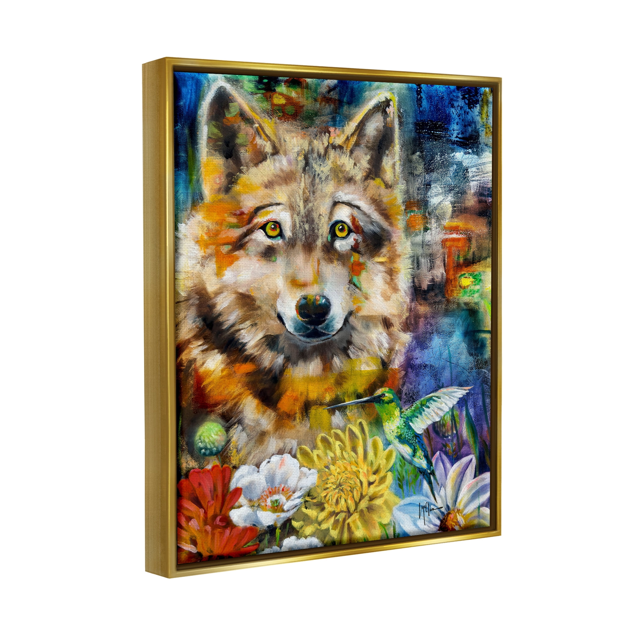 Stupell Industries Wolf with Abstract Florals Animals & Insects Painting Gold Floater Framed Canvas Art Print Wall Art, 17 x 21