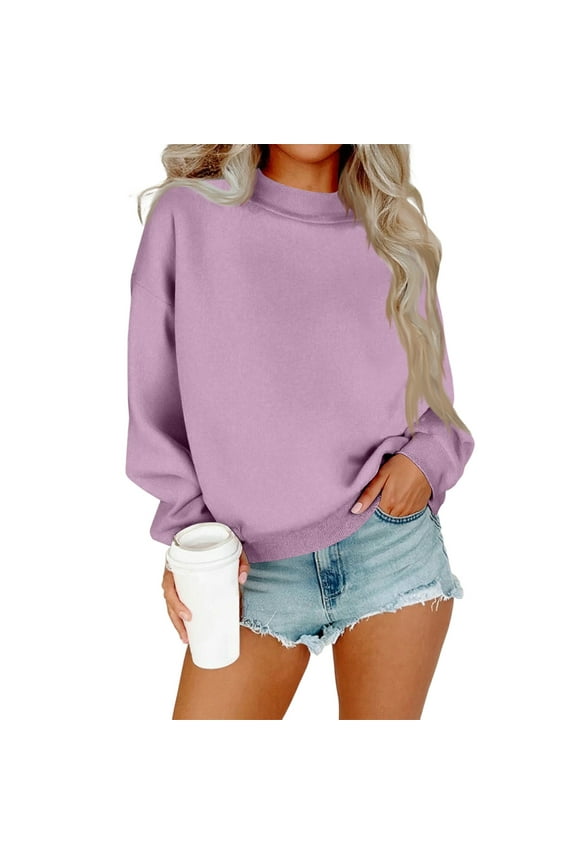 Mock Neck Sweatshirt Women Cute Plain Pullover Sweatshirts Casual Fall Long Sleeve Trendy Tops Purple L