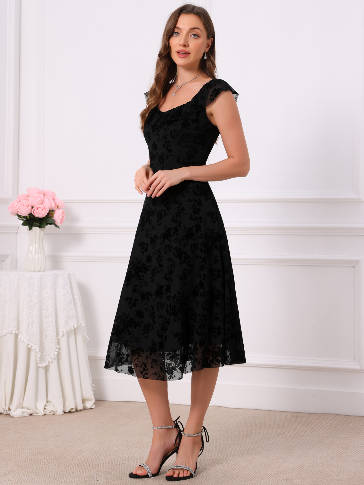 DARING DIVA Women's Gothic Sweetheart Neck Sleeveless Floral Dress XL Black