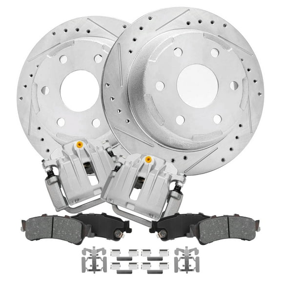 Detroit Axle - Rear Drilled Slotted Brakes and Rotors Brake Pads Brake Calipers Replacement for GMC Sierra 1500 Fits select: 2003-2005 CHEVROLET SILVERADO K1500, 2003-2005 GMC NEW SIERRA C1500