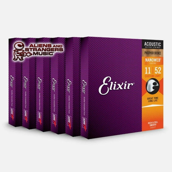6 Sets! Elixir NANOWEB Phosphor Bronze Acoustic — 16027 Custom Light .011-.052