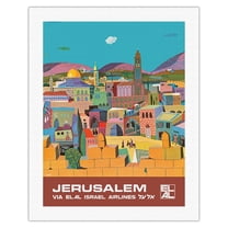 Jerusalem Israel - via El Al Israel Airlines - Vintage Airline Travel Poster by Peri Rosenfeld c.1970s - Fine Art Rolled Canvas Print 20in x 26in