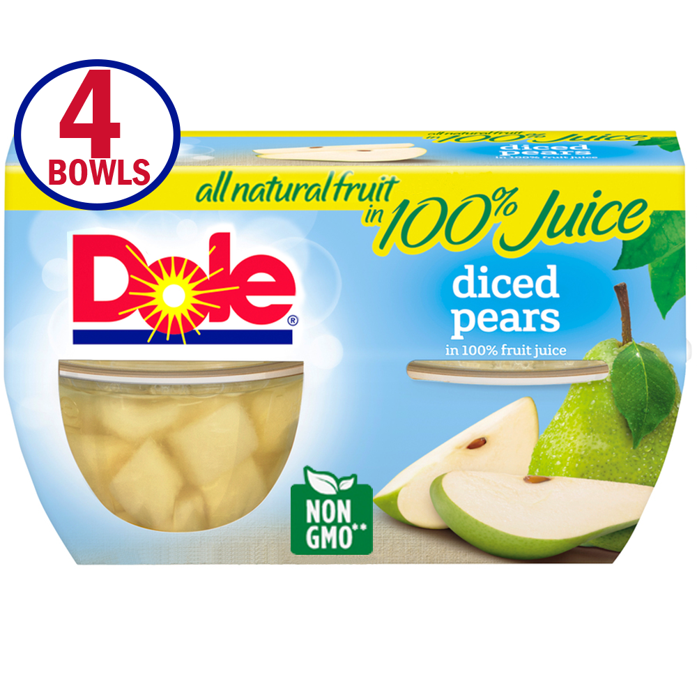 (4 Cups) Dole Diced Pears in 100 Fruit Juice, 4.3oz Fruit Bowls