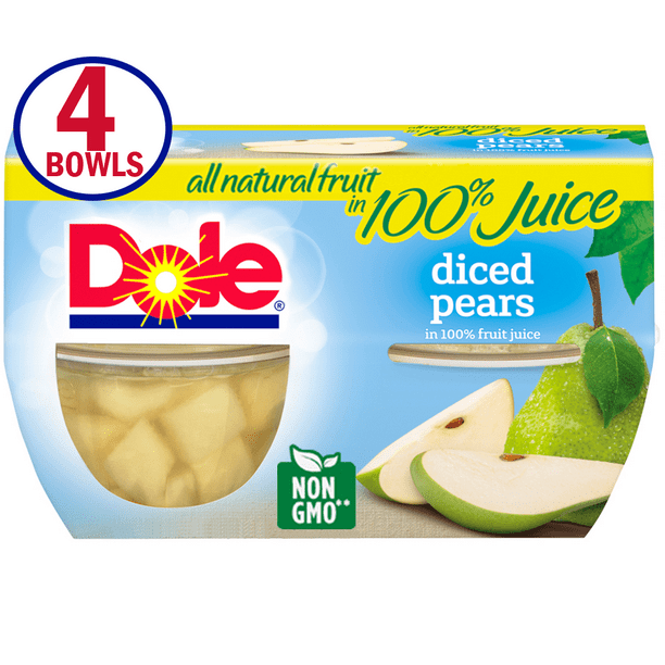 Dole Bowls Diced Pears in 100 Fruit Juice, 4.3 Oz, 4 Count