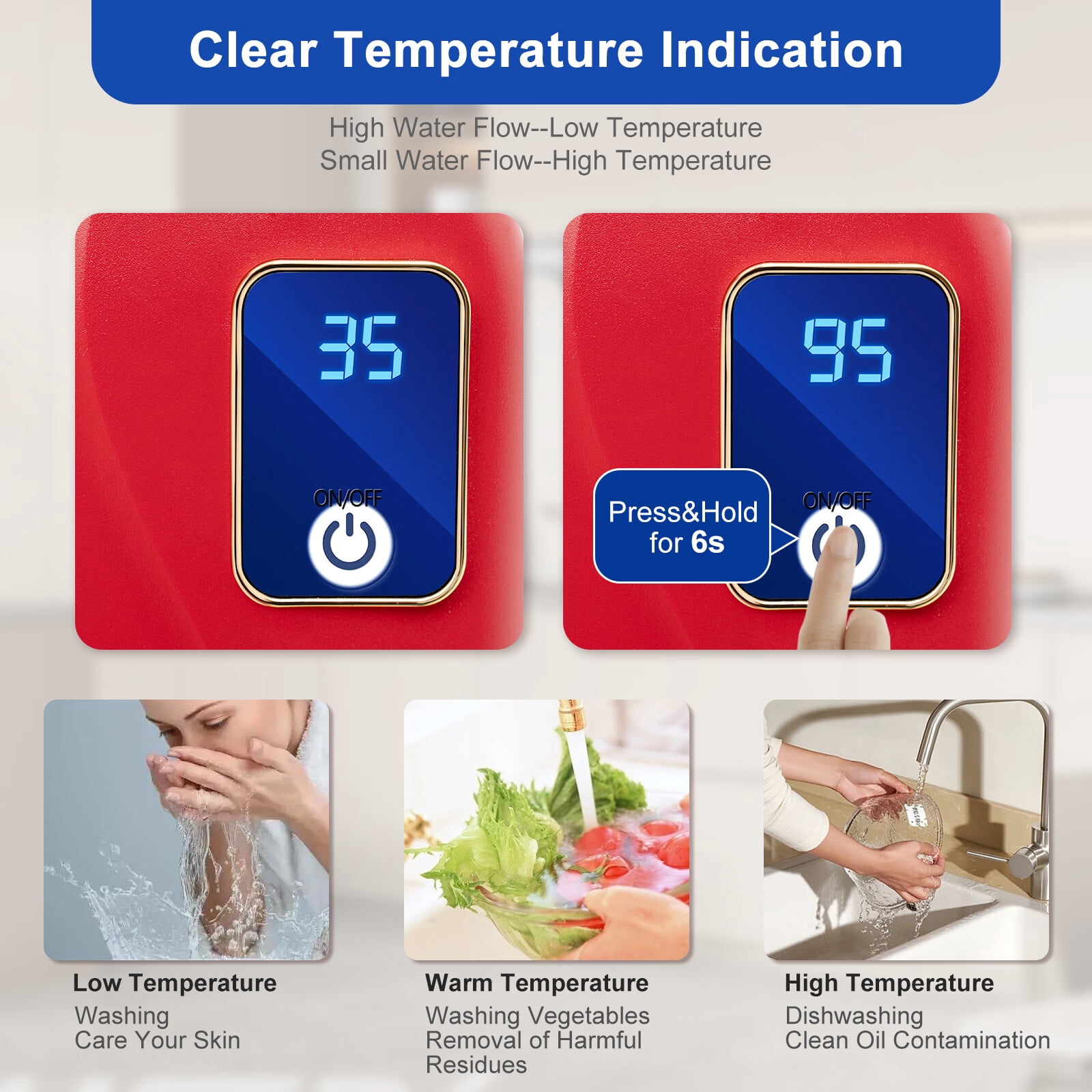 3000W Electric Tankless Water Heater 110V Mini Instant Electric Hot Water Heater Home Floor-Mounted Under Sink Water Heater for Kitchen Bathroom 20-50°C Red