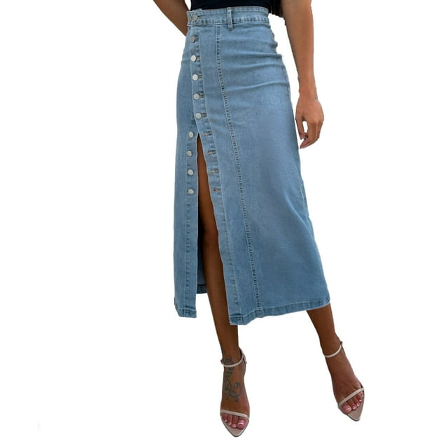 GPOECD Womens Casual Denim Midi Skirt with Side Slit Stretch High Waist Button Front Design and Functional Pockets