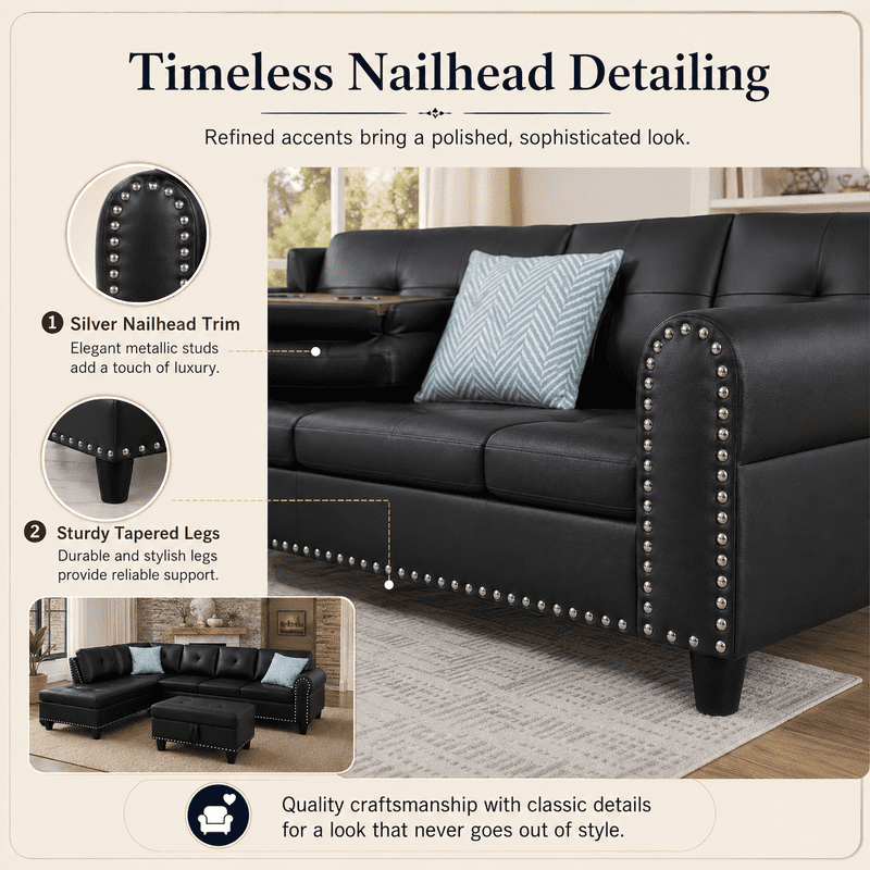 L-Shaped Sectional Sofa with Storage Ottoman, 4-Seat Modern Couch with Left-Facing Chaise and Built-In Cup Holders, Faux Leather Modular Sofa for Living Room, Apartment, Office
