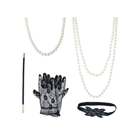 Lux Accessories Black White Lace Glove Side Headwear Long Pearl Necklace Costume