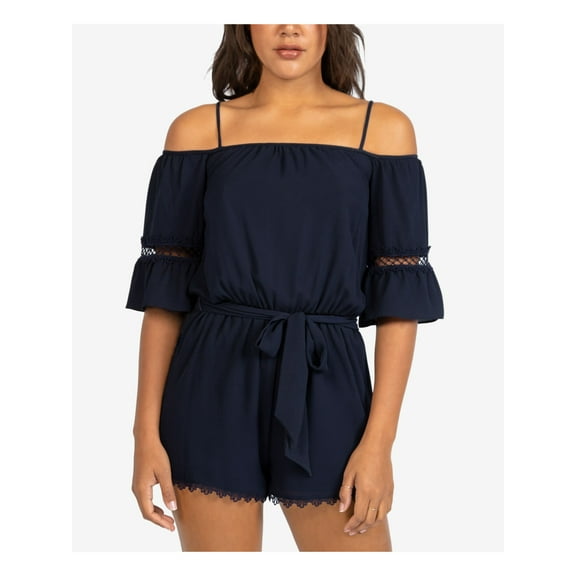 B DARLIN Womens Navy Lace Belted Pocketed Elbow Sleeve Off Shoulder Wide Leg Romper 56
