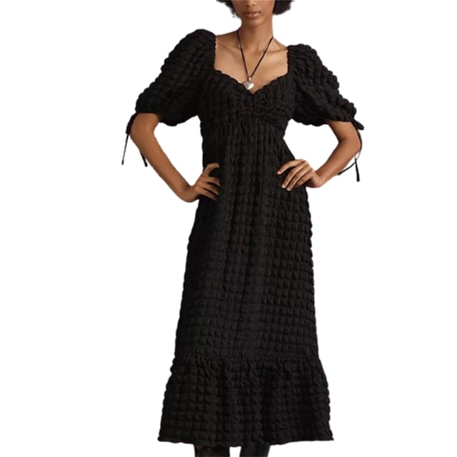 Gupgi Women's Puff Sleeve Midi Dress Solid Color Bubble Textured Smocked Sweetheart Neck Ruffled Flowy Dress
