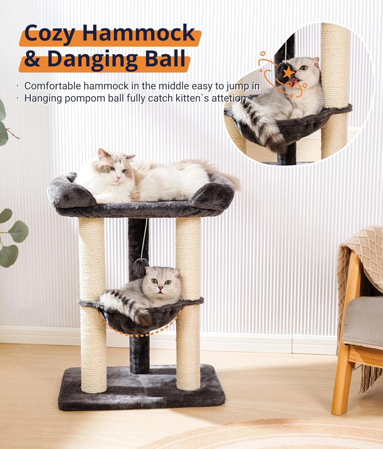 28" Cat Tree, Cat Tree Tower with 23.6x15.7 Inch Spacious Bed & Cozy Hammock, Small Cat Tree with Perch For Adult Cats, Sturdy Scratching Post & Toys, Compact Cat Tower-Gray