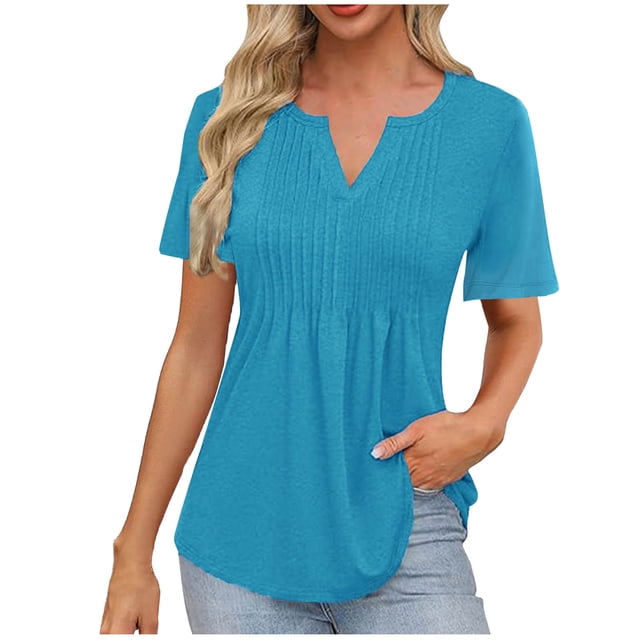 Camisas de Manga Corta para las Mujeres Casual Color Sólido Plisado V-Cuello Blusas, Moda Verano Top para Diario Y Fiesta