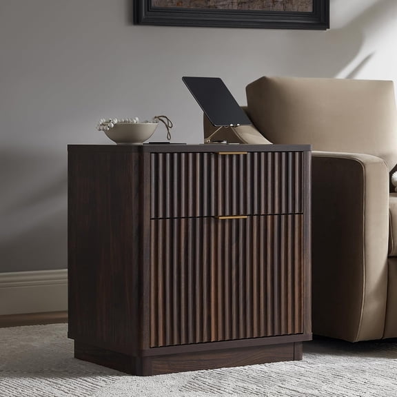 23'' Fluted Nightstand with Charging Station, Modern Dark Walnut Bedside Table with 2 Drawers