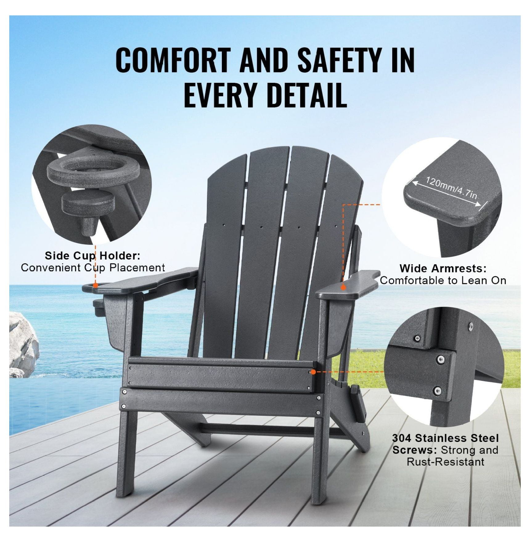 Adirondack Chairs Set of 2, Plastic Folding Outdoor Patio Furniture, All-Weather Fire Pit Chairs, Gray