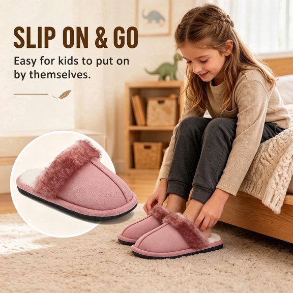 EQW Kids Slippers for Girls Boys - Warm Memory Foam Non-Slip House Shoes, Soft Plush Indoor Outdoor Bedroom Slides