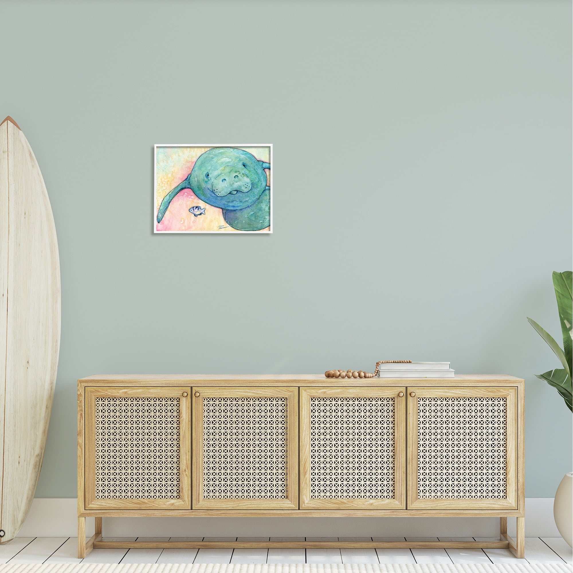 Stupell Industries Smiling Manatee Aquatic Wildlife Fish Rainbow Pattern Painting White Framed Art Print Wall Art, Design by Steve Vanderbosh