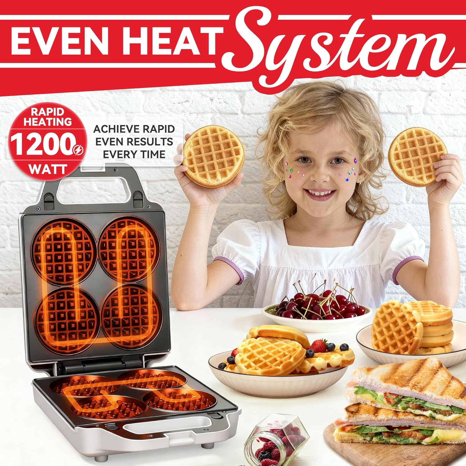 2 in 1  Waffle Maker with Removable Plates,  Press Sandwich Maker for Kids and Families, White