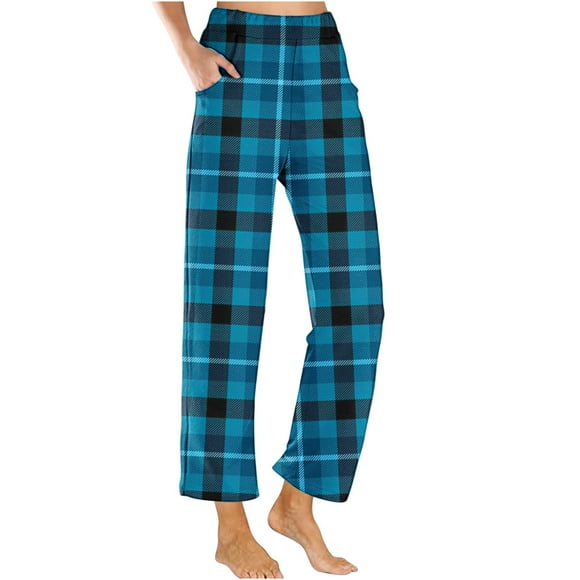 AherBiu Pajamas Pants for Women Plaid High Waisted Straight Leg Comfy Sleepwear Lounge Trousers with Pockets
