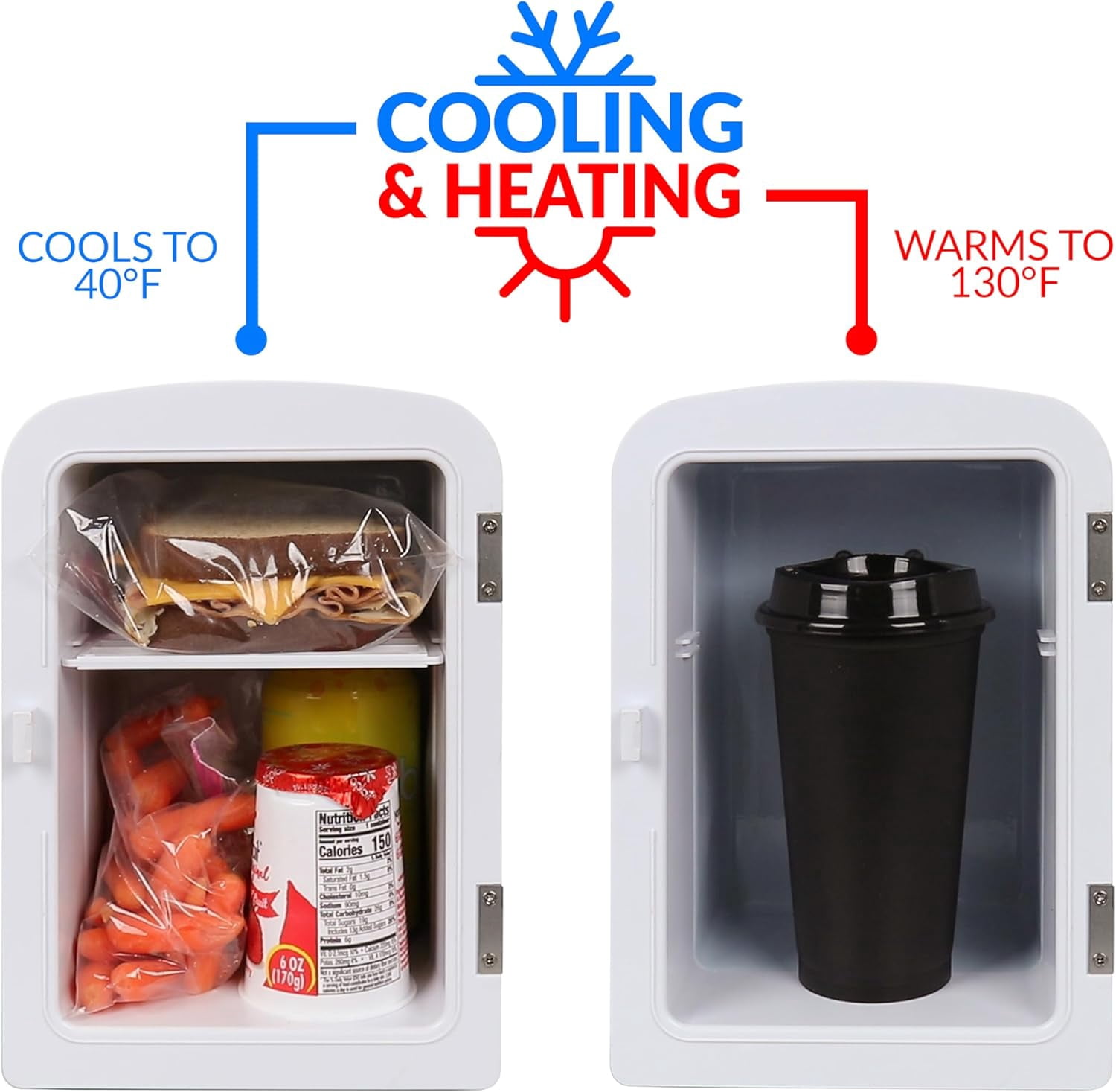 Retro 6-Can Personal Cooling and Heating  Fridge with Dry Erase Door, Carry Handle, and Display Window - Black