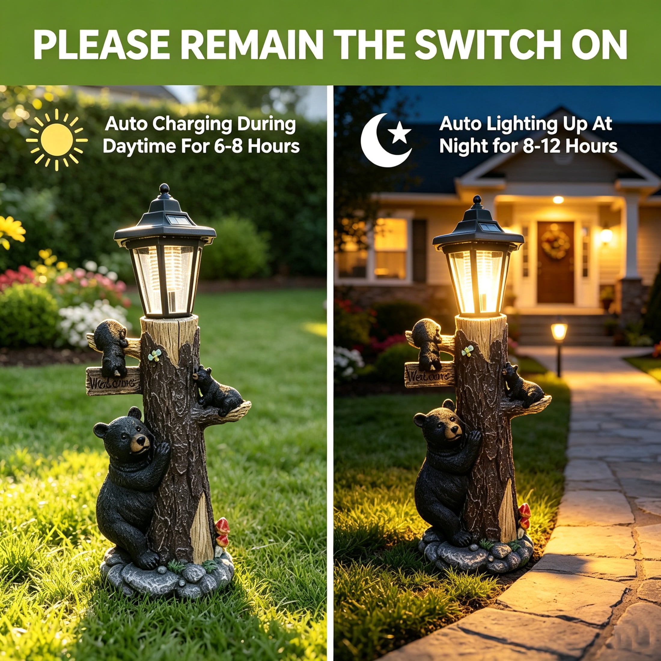 GDF Studio 18" Bear Family Tree Statue with Solar-Powered Light and Welcome Sign for Courtyard, Garden and Patio, Black
