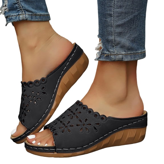 Dakaela Women's Platform Wedge Sandals Floral Hollow out Orthopedic Slip on Slides Casual Outdoor Walking Summer Beach Shoes Black Size 6