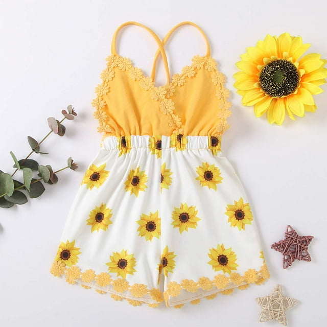 EGNMCR Rompers for Kids Toddler Kids Girl Vest Backless Sunflower Printed Romper Clothes Sunsuit Outfits Kid Rompers