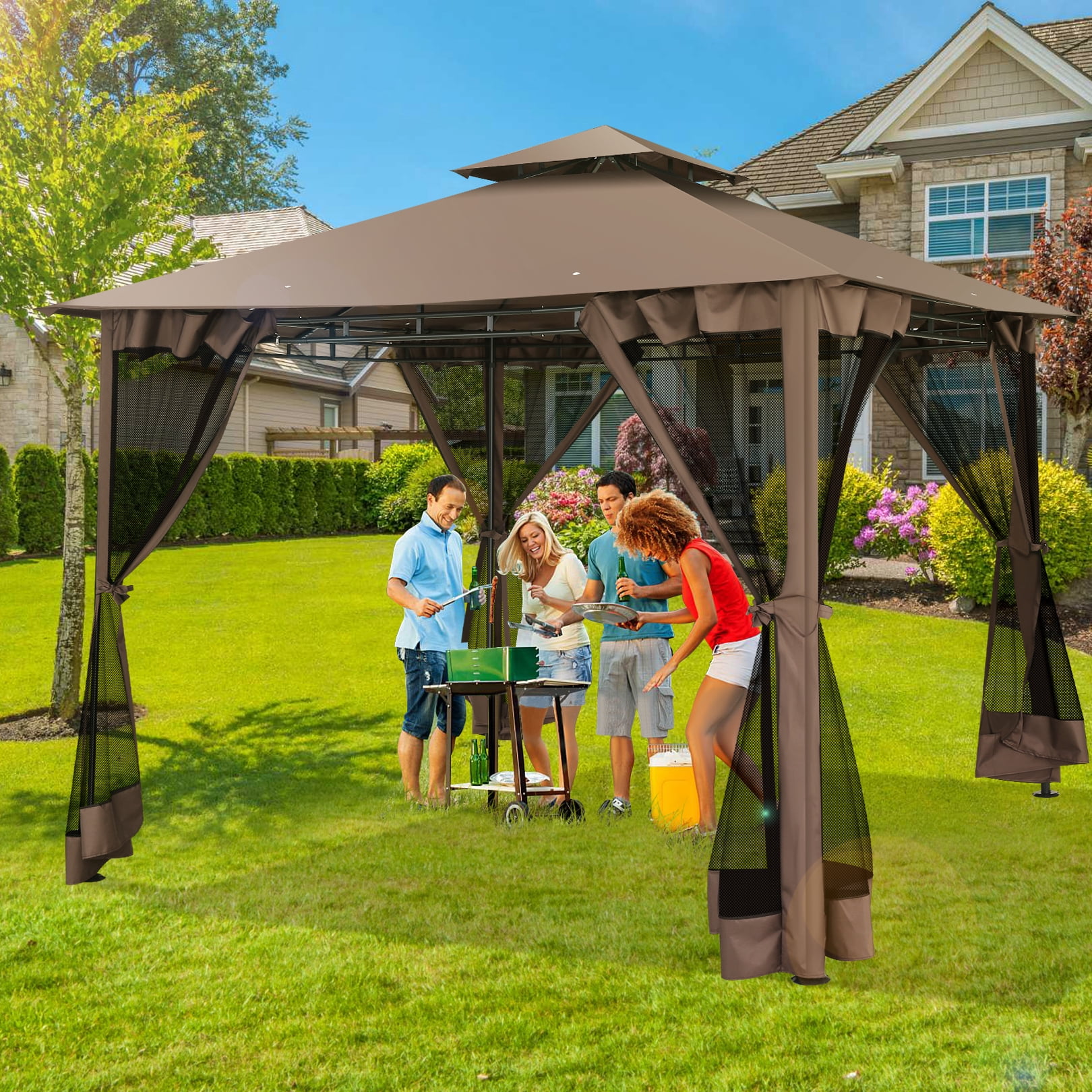 COBIZI Easy Assembly Outdoor Furniture Patio Canopy,10x10 Outdoor Gazebo with Mosquito Netting,Shade Tent for Party, Backyard, Deck, Patio Lawn & Garden,Brown
