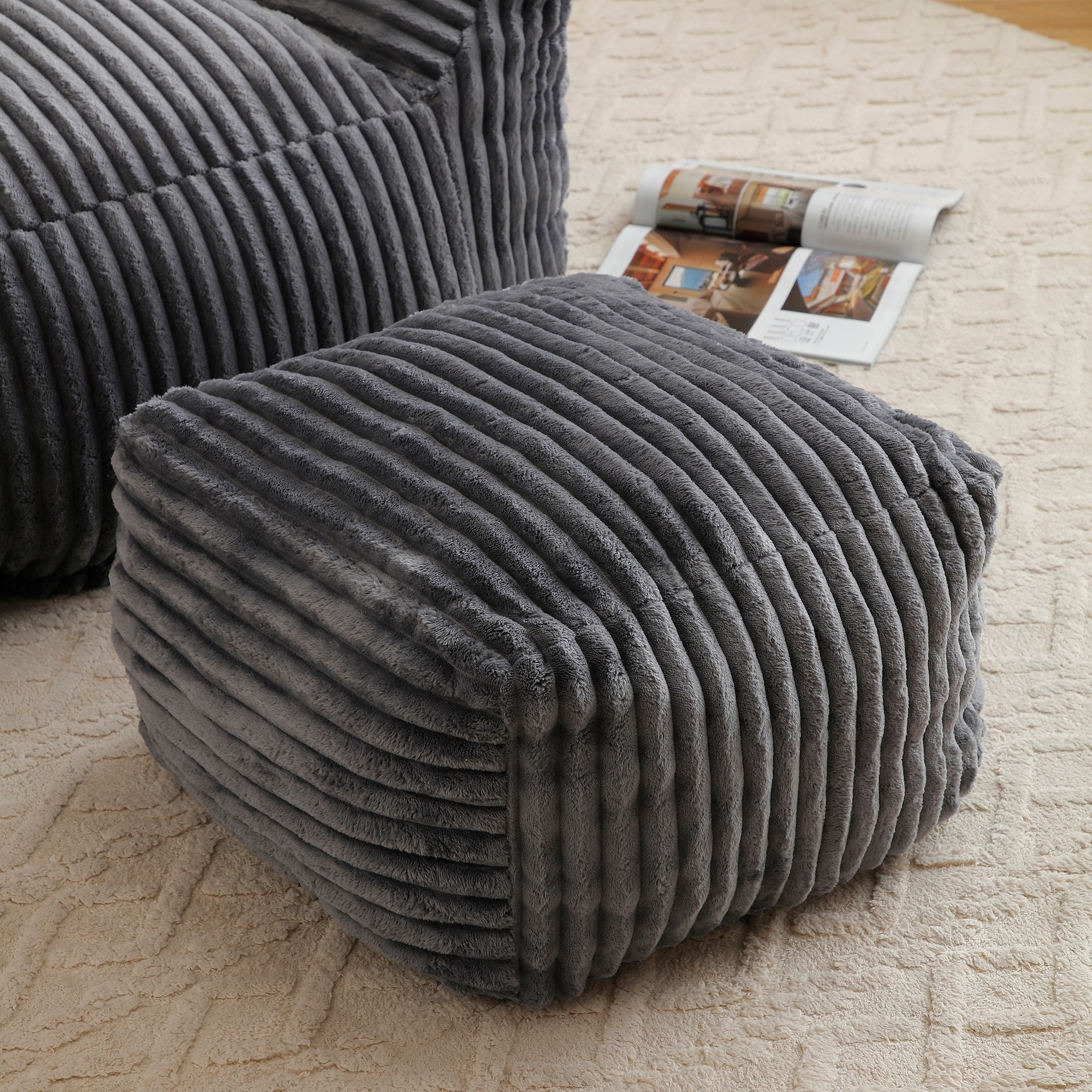 Giant Plush Bean Bag Chair for Adults with Armrests and Footstool, Comfy Beige Beanbag Chaise Lounge Lazy Floor Sofa Chair for Living Room, Bedroom & Dorm, Cozy Fluffy Cloud Mini Couch (Gray)