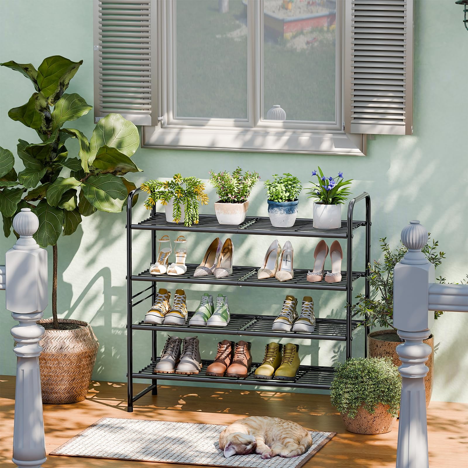 SUFAUY 4 Tier 33" Wide Shoes Rack Stackable, Metal Wire, Black