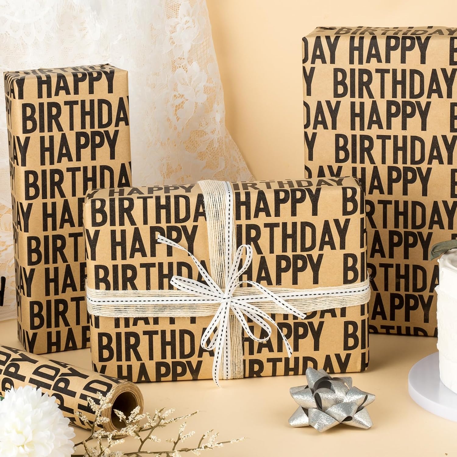 Birthday Kraft Wrapping Paper Roll, Mens Gift Wrapping Paper - 17 Inch x 33 Feet - Vintage Style Brown Black Happy Birthday Gift Wrap Thick Present Sheet for Holiday, Party, Father's Day